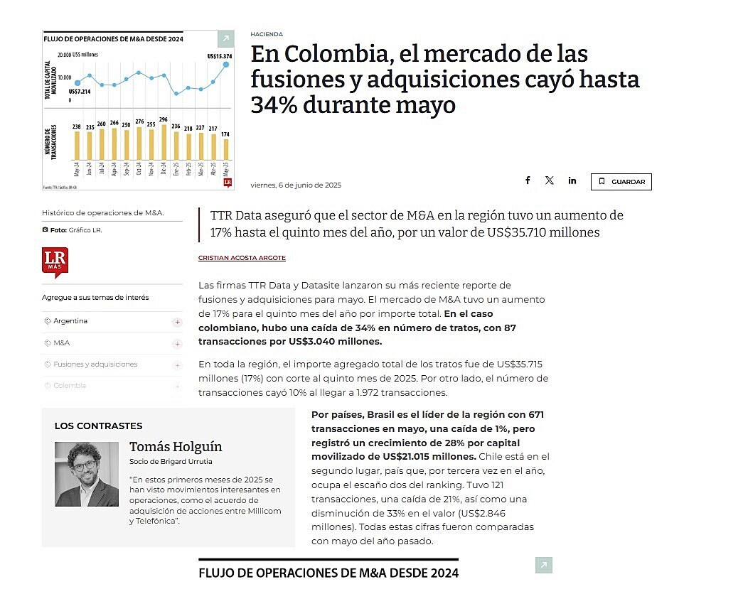 En Colombia, el mercado de las fusiones y adquisiciones cay hasta 34% durante mayo